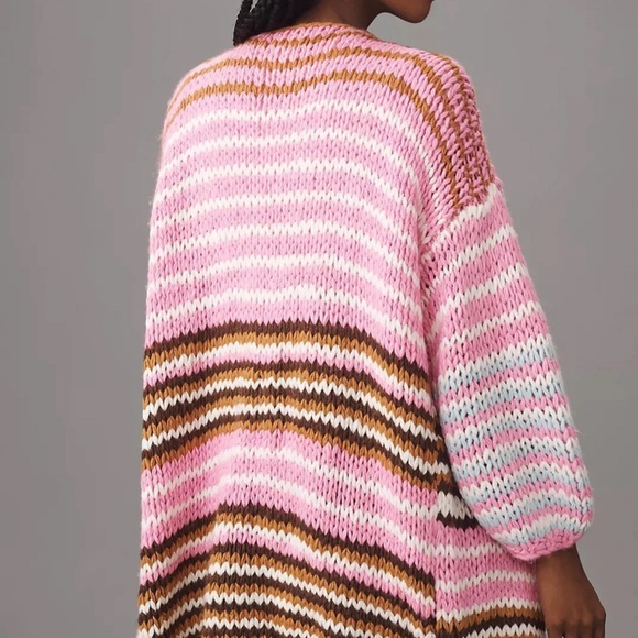 NWT By Anthropologie Cozy Cardigan Sweater ONE SIZE PINK STRIPED open front - Picture 2 of 3
